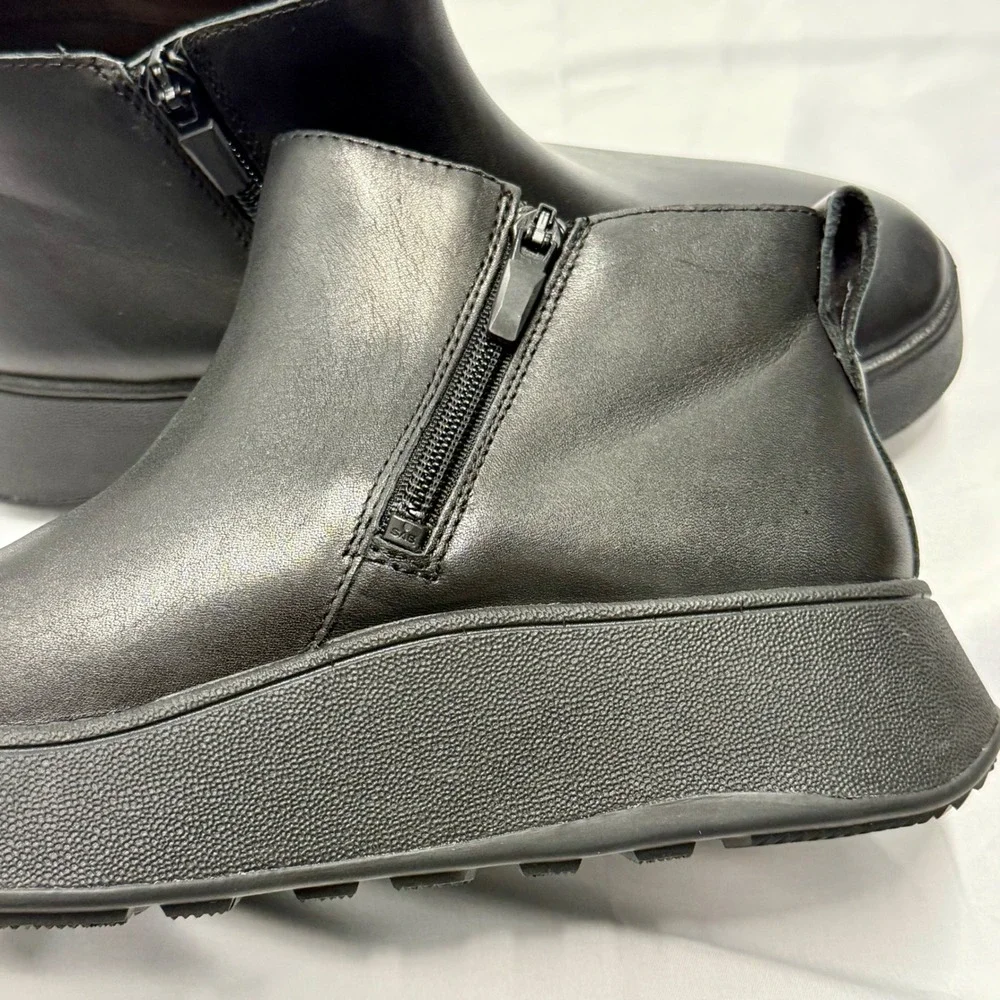 FitFlop F-Mode Leather Platform Zip Ankle Boots Black Womens 8 Grunge Goth Fall